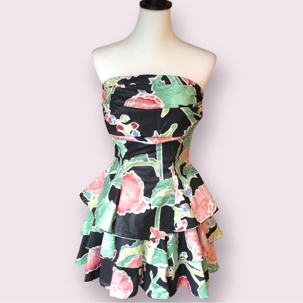 VTG Barboglio Peplum Tiered Mini Dress Size 8 Black Floral Glamoratti 80s Luxury